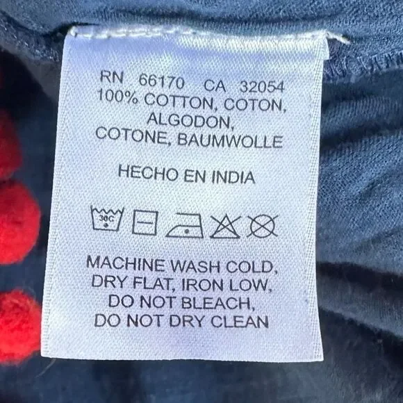 ANTHRO blue romper off the shoulder with embroidery red pompoms sz Large - Picture 2 of 13